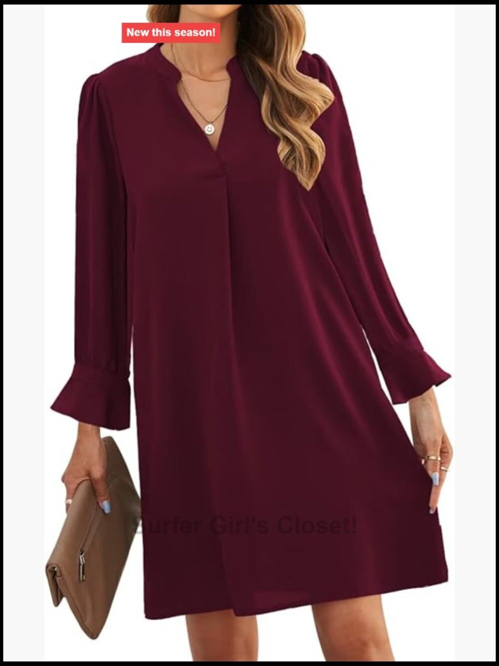 Womens V Neck Long Sleeve Shift Dress Casual Loose Fit Knee Length